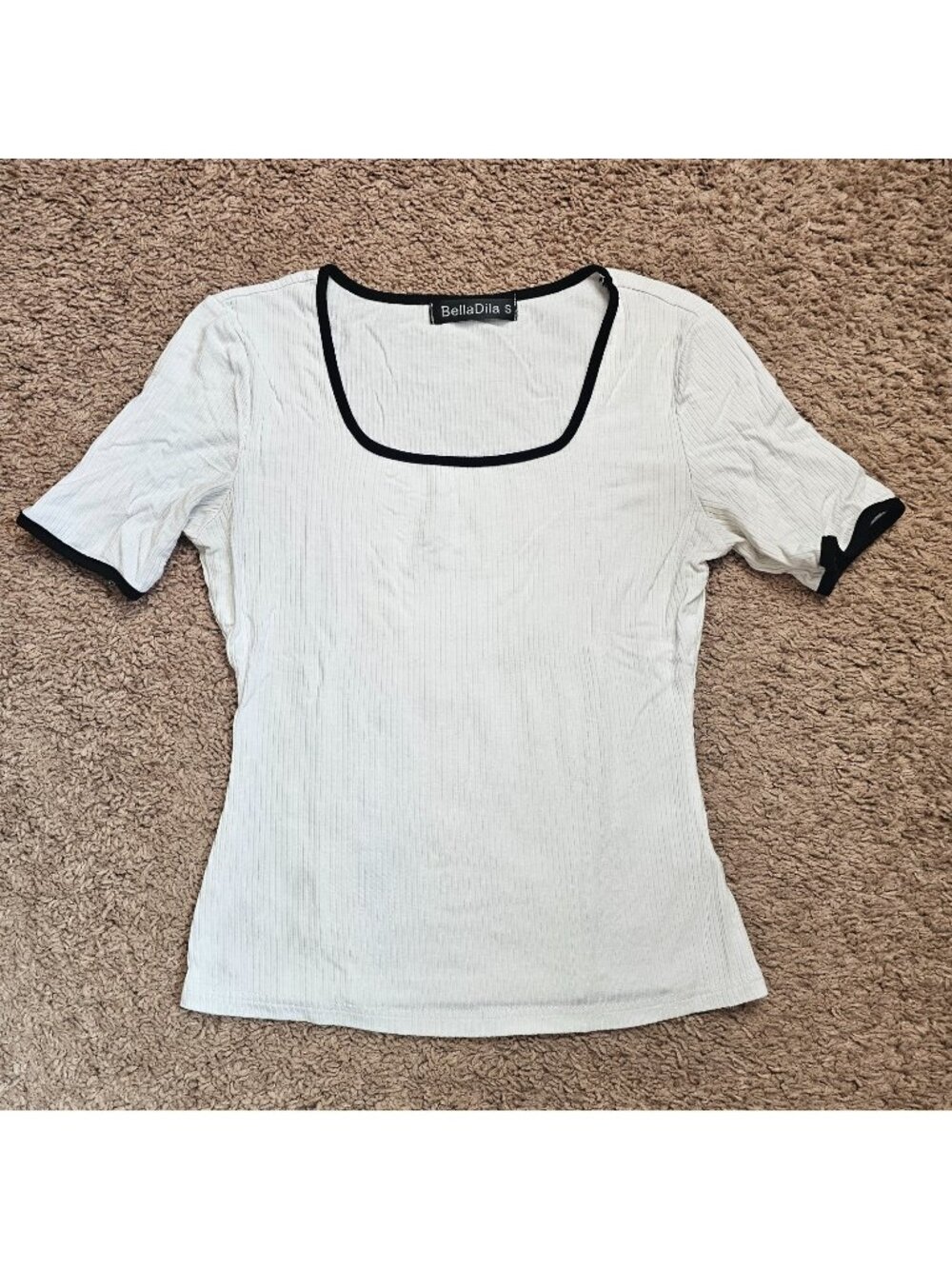 BellaDila Ribbed Square Neck Top Womens S White Short Sleeve Contrast Trim Y2K